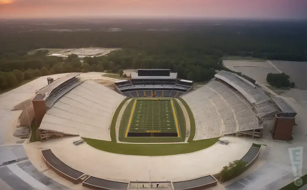 Aerial view of a football stadium with empty seats under a cloudy sky.