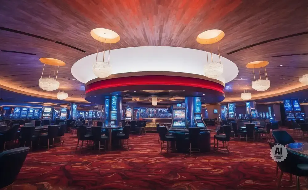 Elegant casino interior with rows of slot machines, circular seating areas, and modern chandeliers.