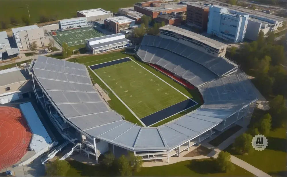 Aerial view of a football stadium with green field and bleachers, surrounded by buildings and trees.