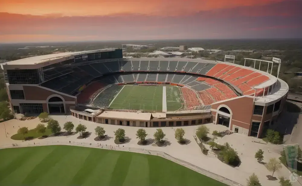 Aerial view of a football stadium with orange and gray seats, a green field, and a warm sunset sky.
