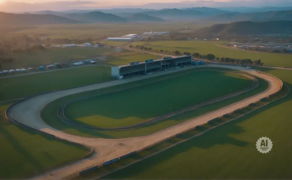 Aerial view of a racetrack with grandstands and a grassy infield, set against rolling hills at sunset.