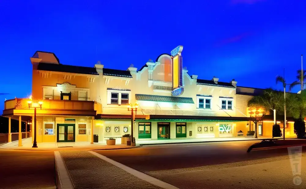 A theater building at dusk with illuminated marquee and windows.