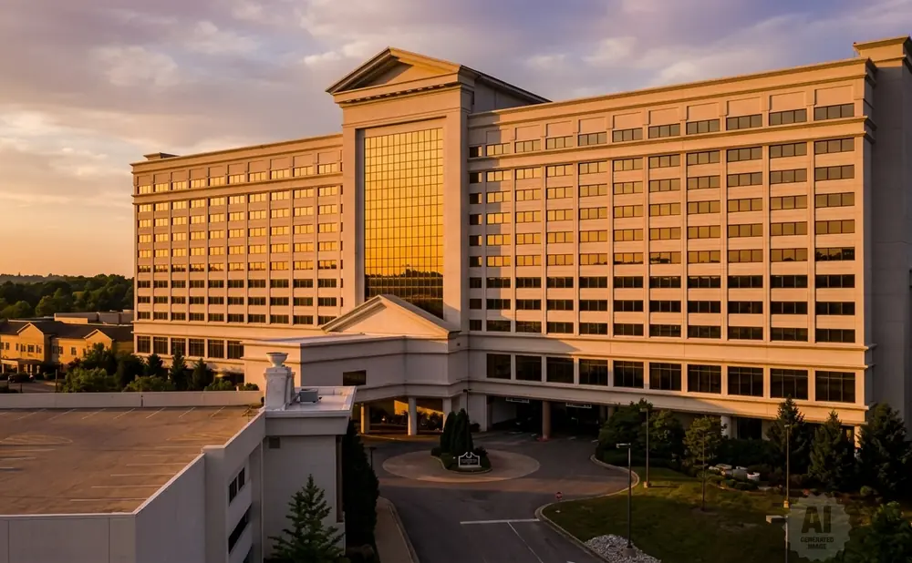 A large hotel with golden windows at sunset.