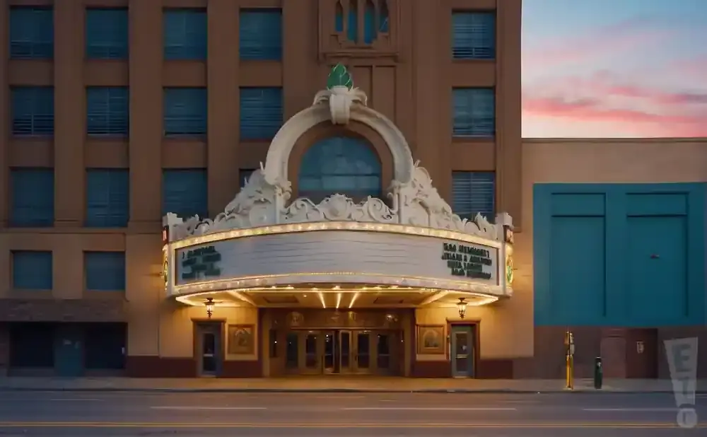 An ornate movie theater marquee with lighted signs in front of a tan building.