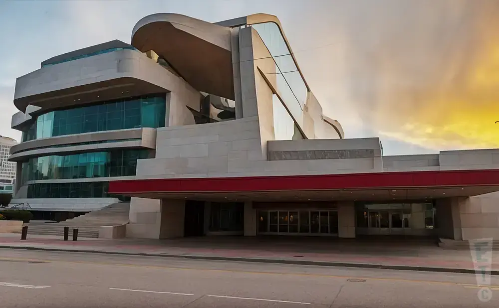 Modern building with sharp angles and glass windows, with a red awning over the entrance.