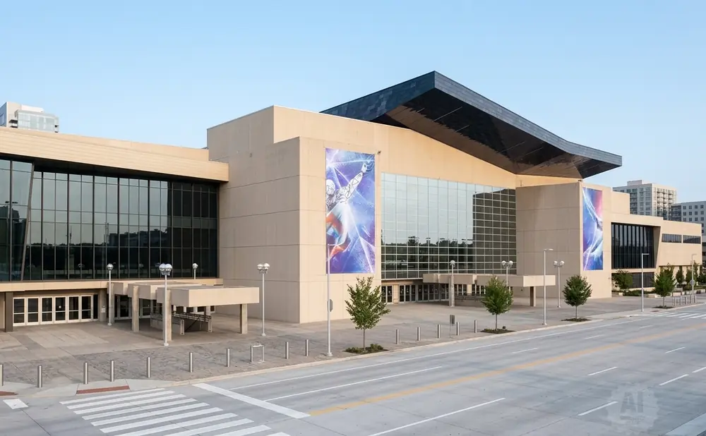 Modern convention center with large glass windows and a distinctive dark, angular roof.