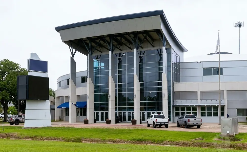 Modern building with glass facade, large screens, and flags outside.