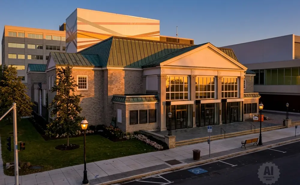 A brick building with a green roof and large windows reflects the golden sunset.