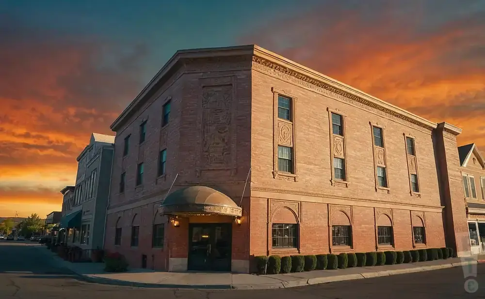 A brick building with ornate carvings and arched windows under a dramatic sunset sky.