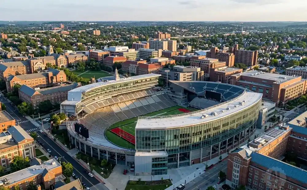 Aerial view of a large stadium surrounded by brick buildings and trees under a clear sky.