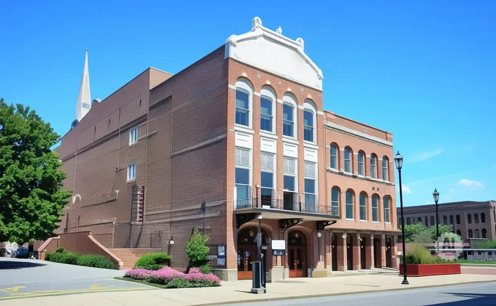 Exterior of a brick building with arched windows and a white-trimmed facade on a sunny day.