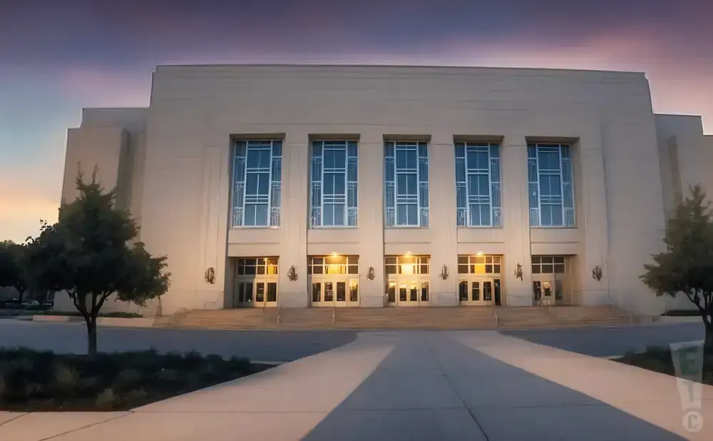 A modern building with large windows and multiple entrances at dusk.