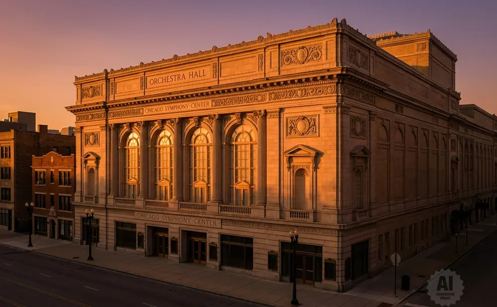 Chicago Symphony Center at sunset, with warm light illuminating the ornate architecture.