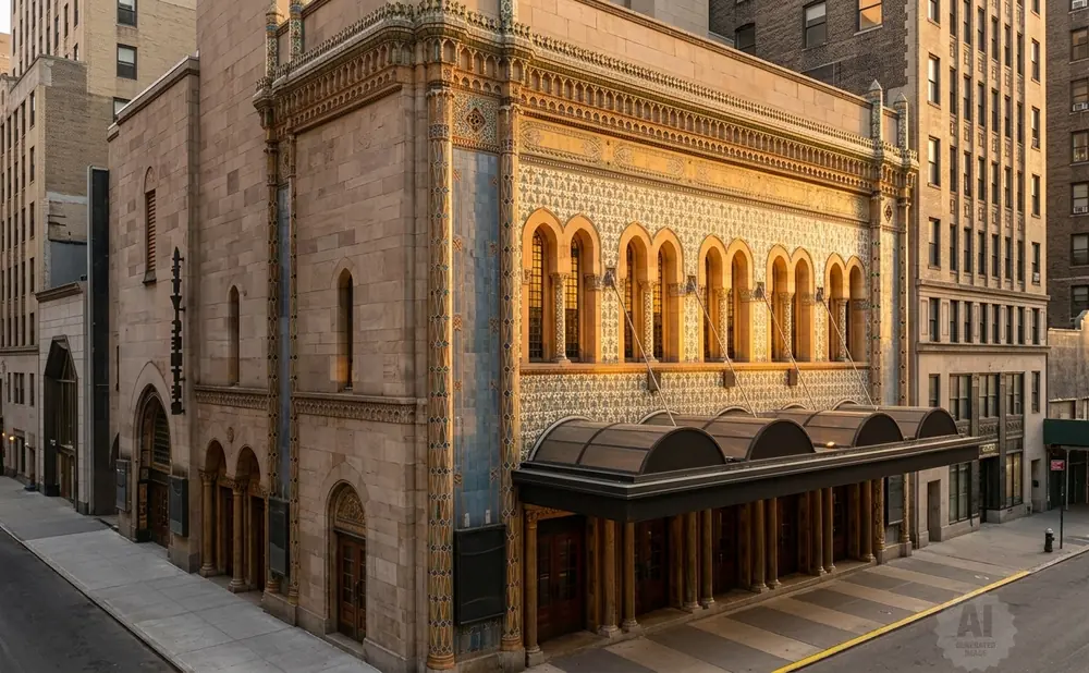 The ornate façade of the Town Hall theater on a street with surrounding buildings.