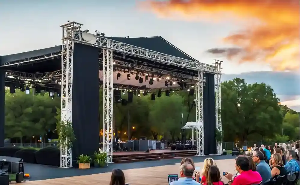 An outdoor concert stage at sunset with an audience seated in front.