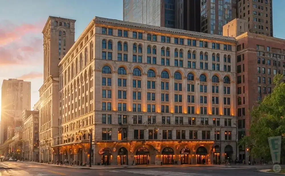 A historic hotel building with ornate arched windows and illuminated ground floor entrances at sunset.
