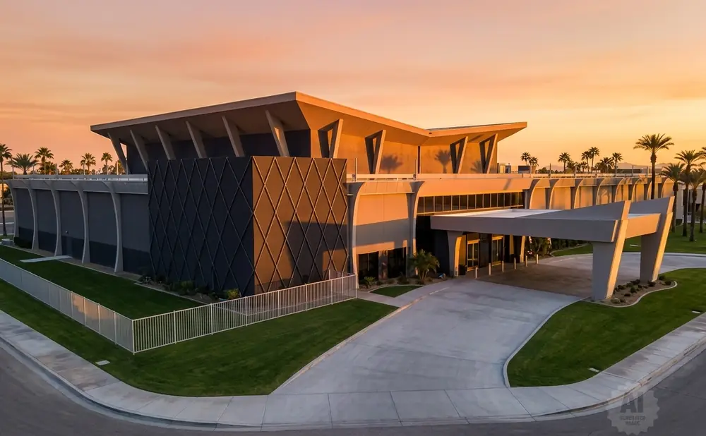 Modern building with sharp angles and a covered entrance, surrounded by palm trees at sunset.