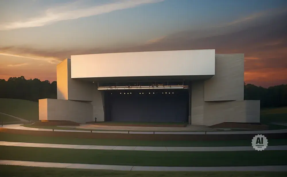 An outdoor amphitheater with a large stage and seating area at sunset.
