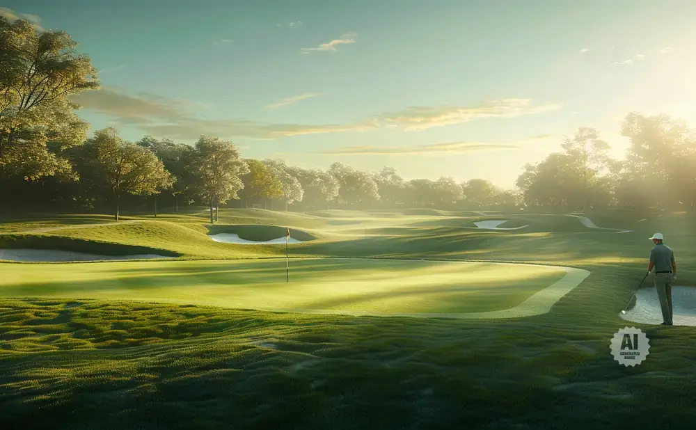 Golfer on a misty course at sunrise, with sunbeams illuminating the green fairways and sand traps.