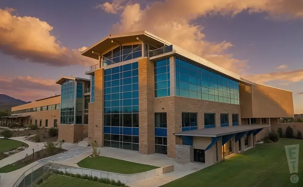 Modern building with glass windows and brick exterior at sunset.