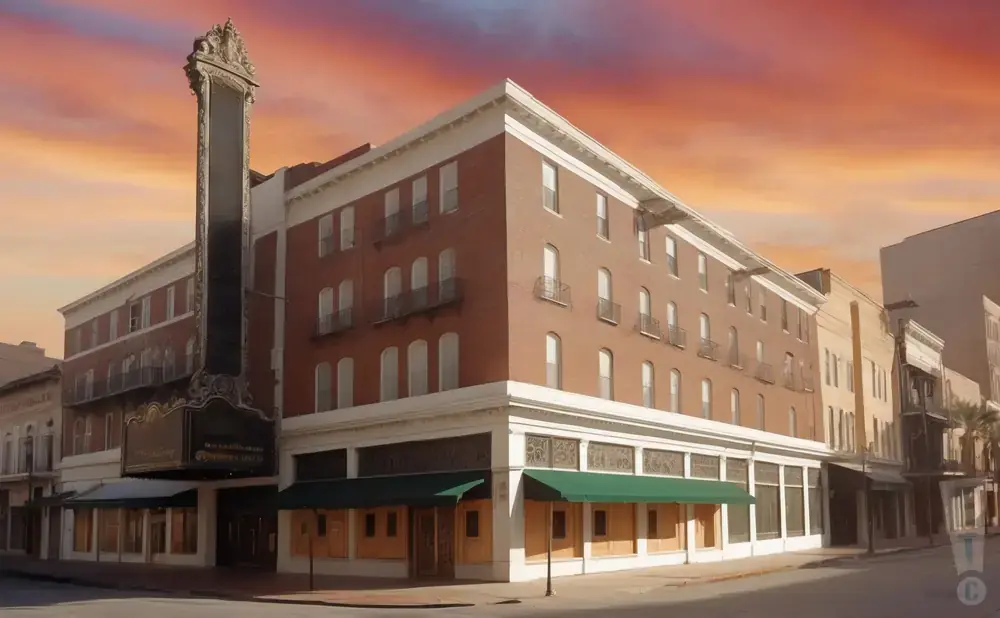 A brick building with a large marquee on a street during sunset.