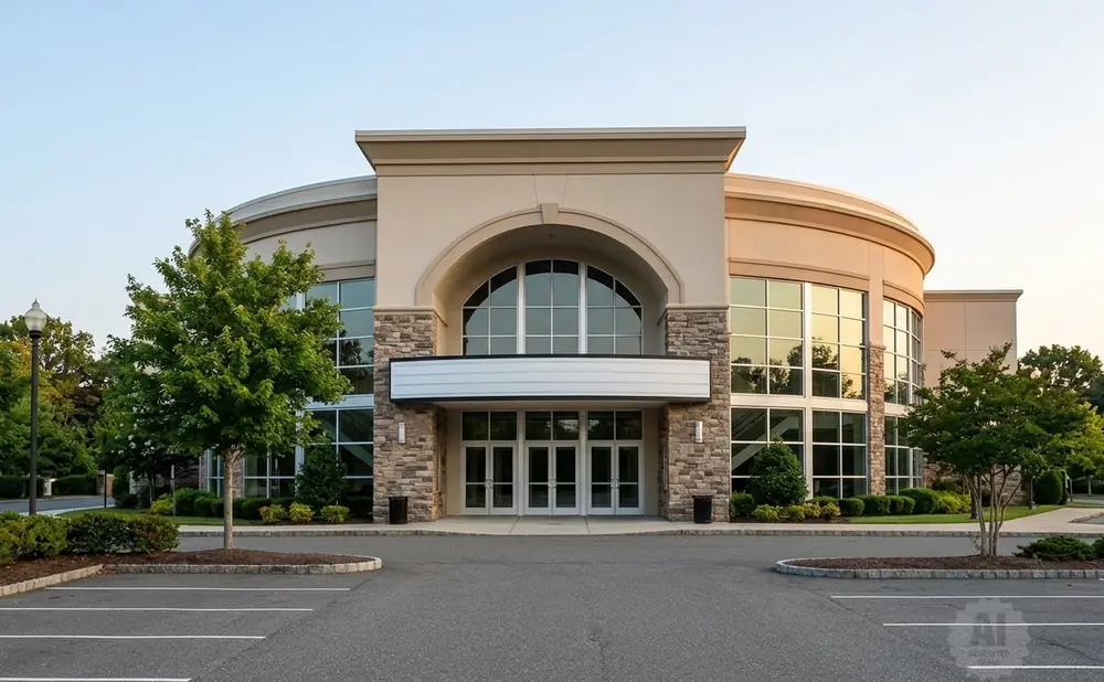 Modern tan building with arched windows, stone accents, and a marquee above glass doors.