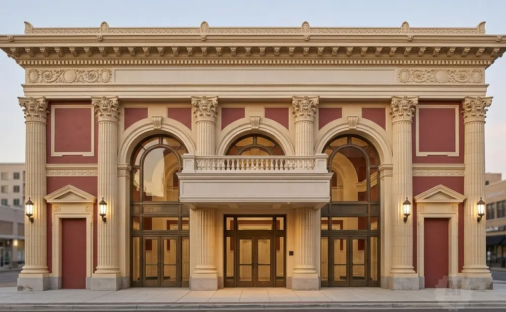 Grand red and cream building with arched windows and a central entrance with double doors.