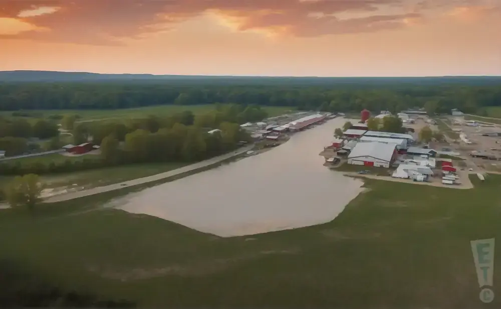 Aerial view of a farm with buildings and a large pond under a cloudy orange sky.
