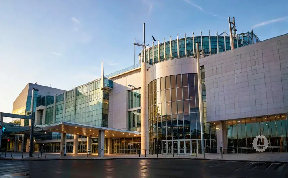 Modern convention center with glass and stone facade, under a bright blue sky.
