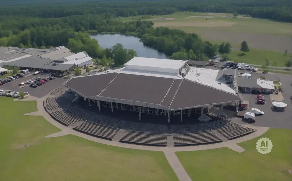 Aerial view of an outdoor amphitheater with tiered seating and a large covered stage, surrounded by trees and a lake.