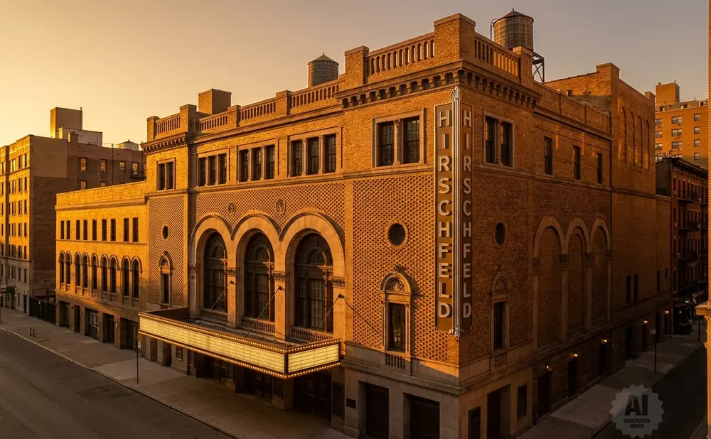Golden hour light illuminates the Hirschfeld Theatre on a city street.