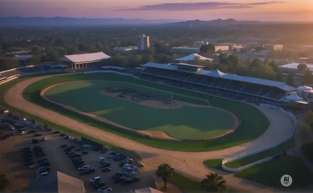Aerial view of a race track at sunset with grandstands and parking lots filled with cars.