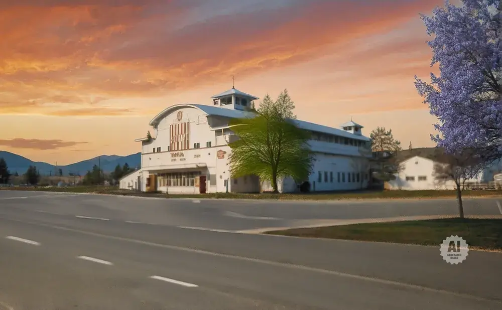 A large white barn with a curved roof sits under a colorful sunset, with a road in the foreground and trees nearby.