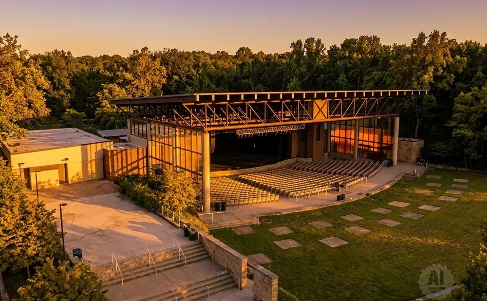 An outdoor amphitheater with tiered seating and a covered stage at sunset.