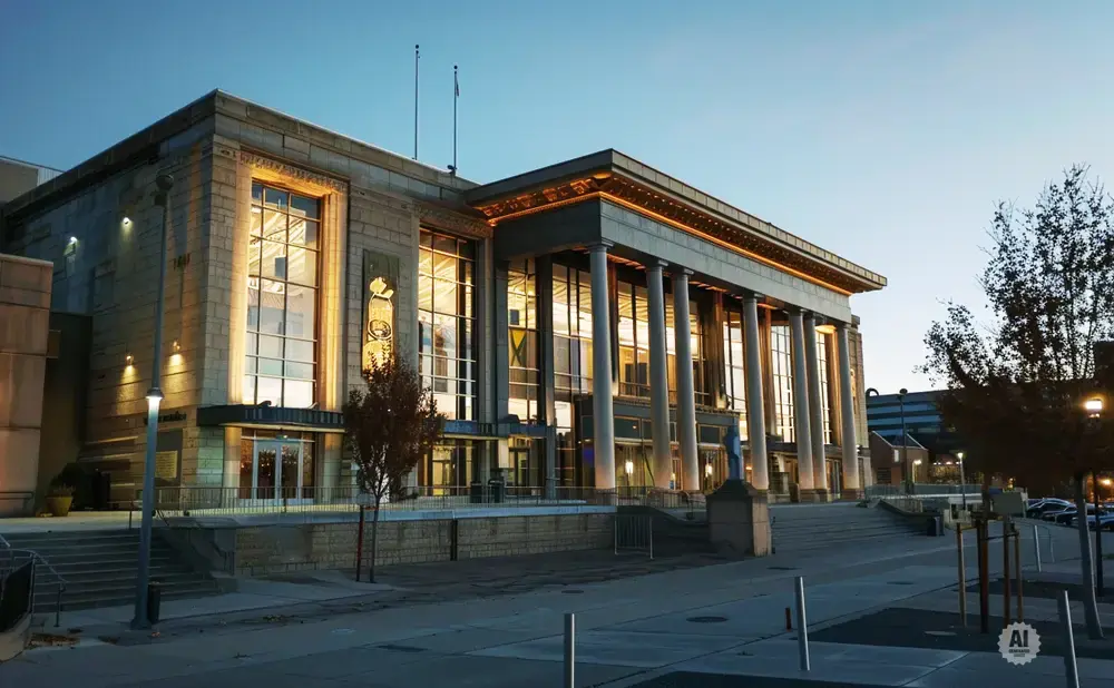 Large stone building with tall columns and large windows, illuminated at dusk.