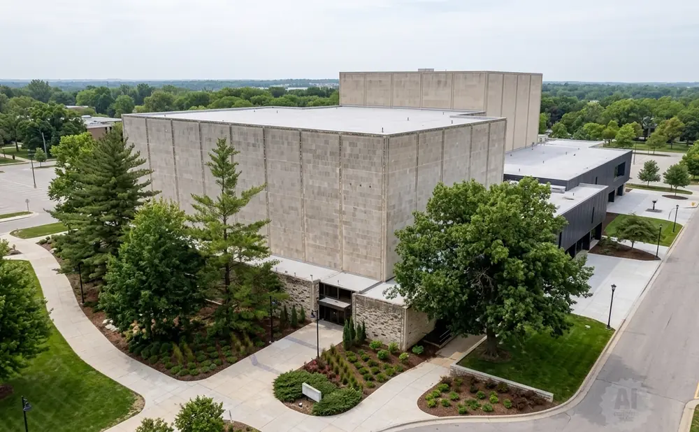 Aerial view of a large concrete building with modern dark gray additions and surrounding trees and parking lots.