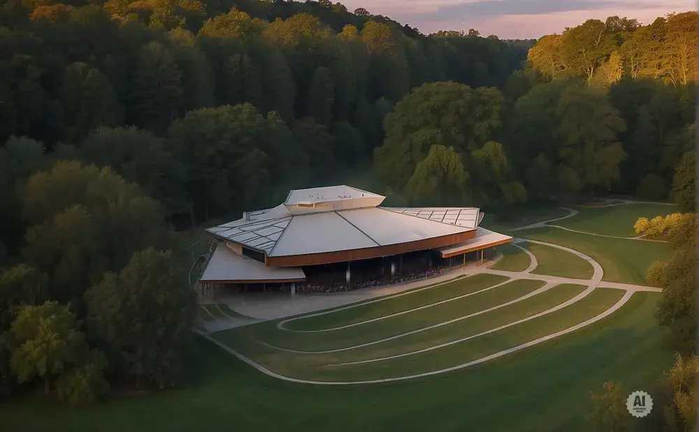 Drone view of an amphitheater with a unique, modern roof design nestled among lush green trees at sunset.
