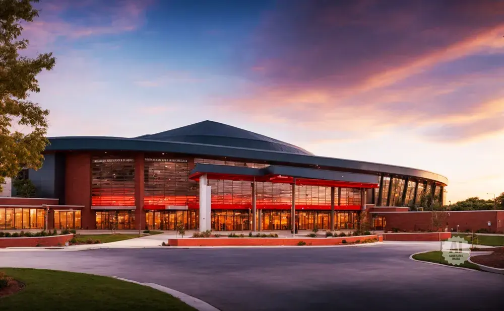 Modern convention center at sunset with a curved glass facade and red accents.