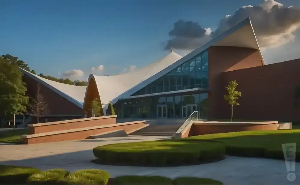 Modern brick building with a dramatic white, tent-like roof, large glass entrance and surrounding green landscaping.