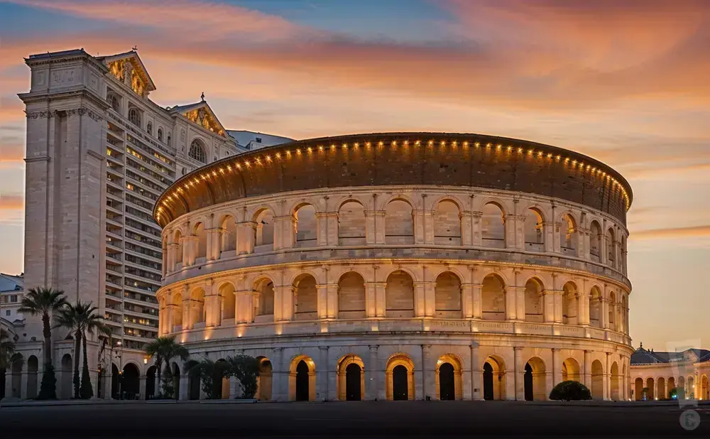 A Roman Colosseum replica illuminated at sunset with a modern high-rise building behind it.
