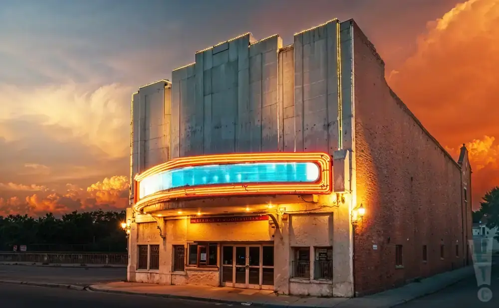 A vintage theater glows with neon lights against a dramatic sunset sky.