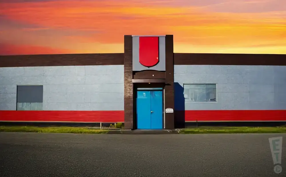 A building with blue doors and a red stripe under a vibrant orange and red sky.