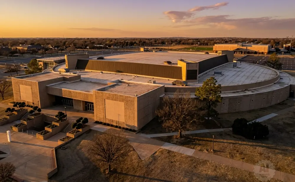 Aerial view of a large, circular building with a flat roof at sunset.