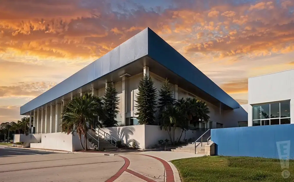 Modern building with a large overhang and palm trees under a dramatic sunset sky.