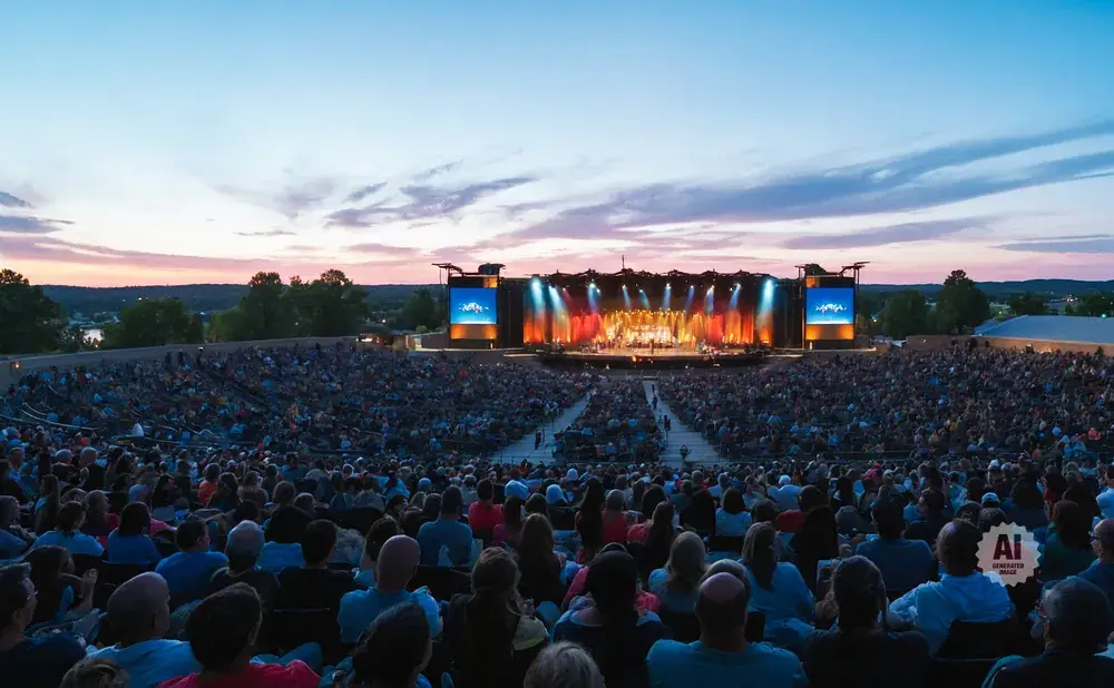 Outdoor concert at dusk with a large audience watching a band perform on a brightly lit stage.