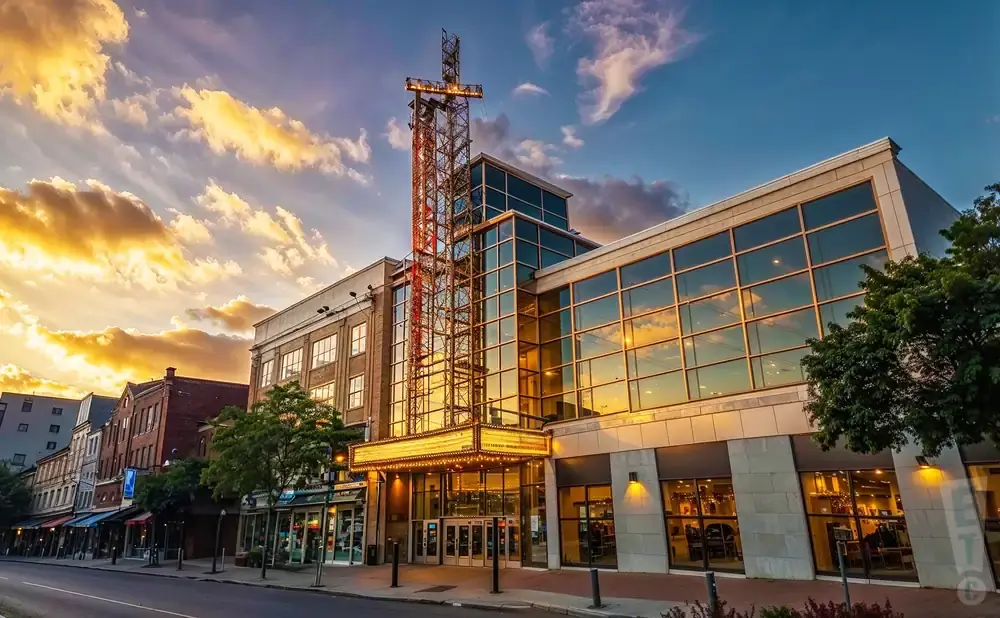 A theater marquee glows under a dramatic sunset sky with clouds reflecting in the building's windows.