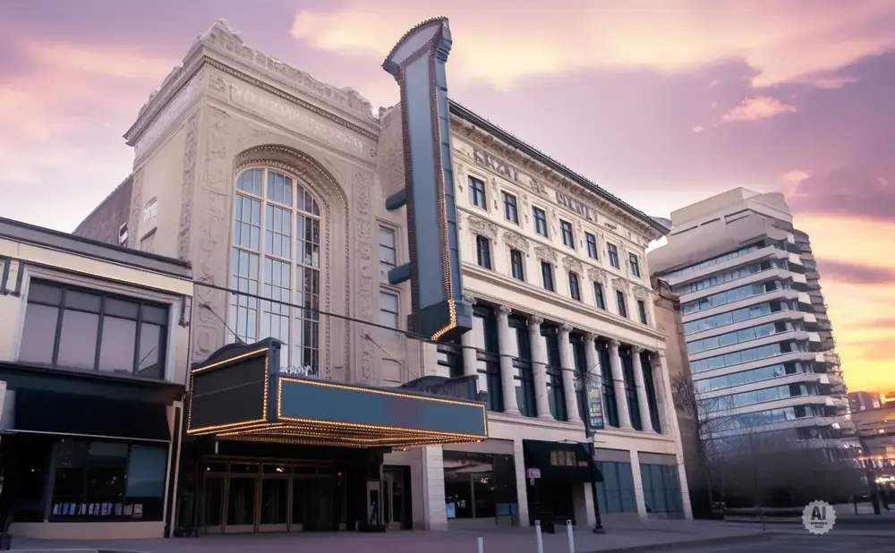 A historic theater with a marquee is lit up against a purple and orange sunset sky, with a modern building in the background.