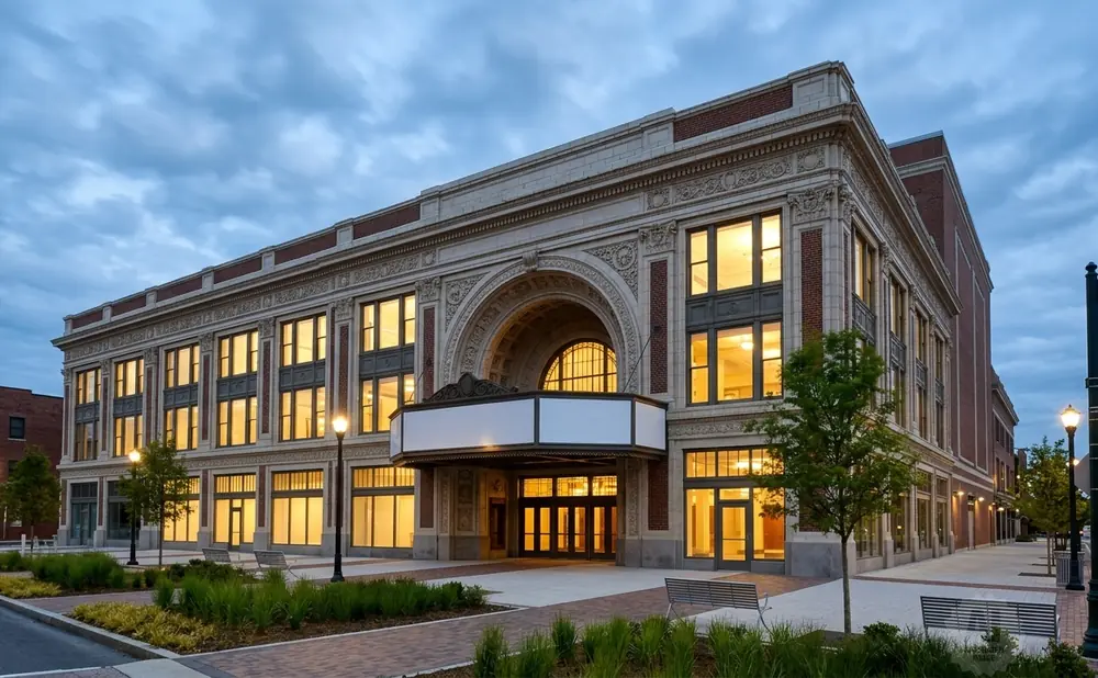 Exterior of a grand, historic building with large arched entrance, lit windows, and brick details at dusk.