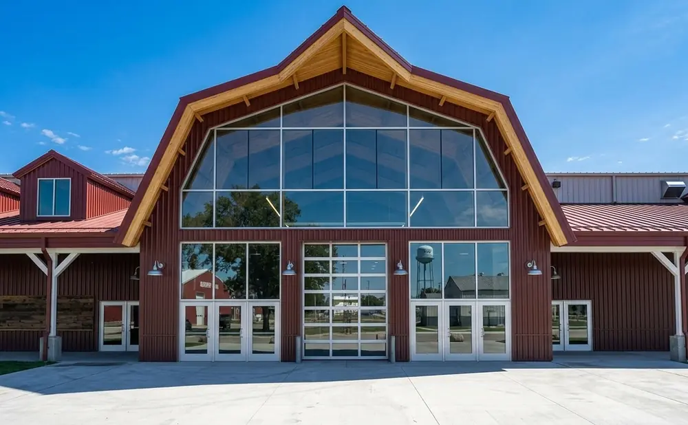 Modern barn with a large glass facade and red metal siding.