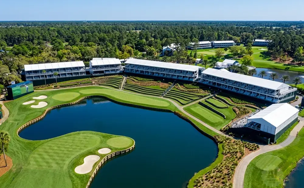 Aerial view of a golf course with a large lake, tiered seating, and white tents.